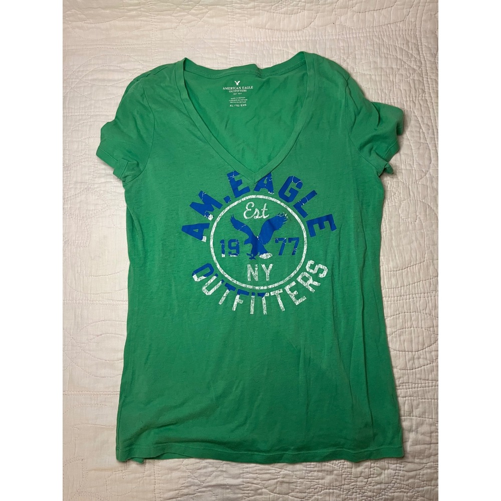American Eagle Outfitters Womens Green V-Neck Graphic T-Shirt XL Short Sleeve
